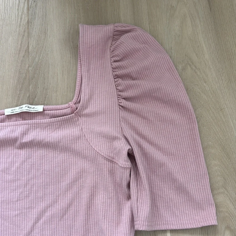 Free People Mauve Pink Ribbed Square Neck Puff Sleeve Top
